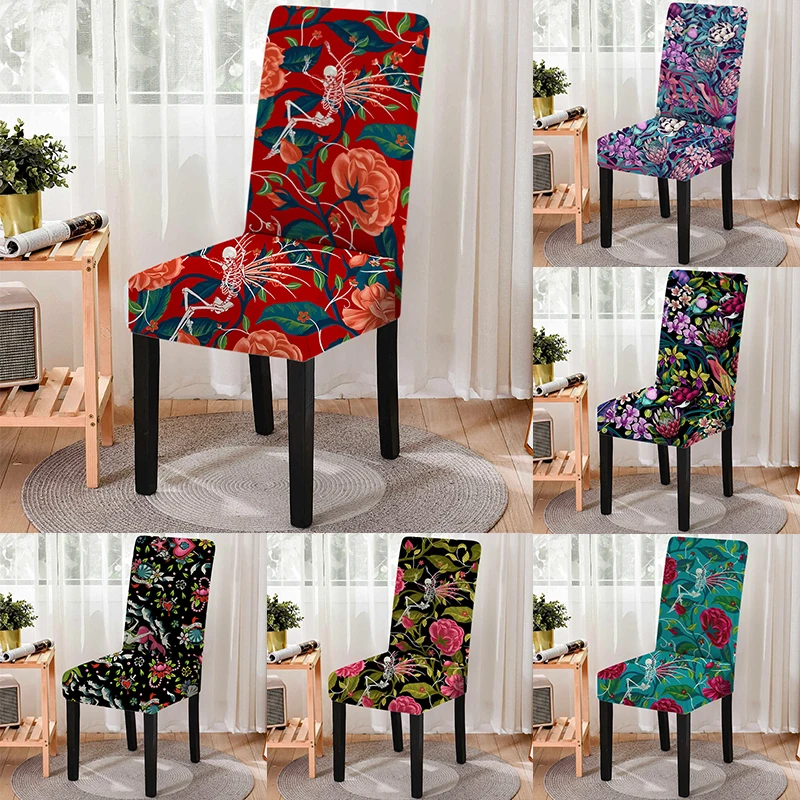 

Floral Series Skull Pattern Spandex Dust-proof Dining Chair Covers Washable One-piece Stretch Office Seat Cover Home Decor