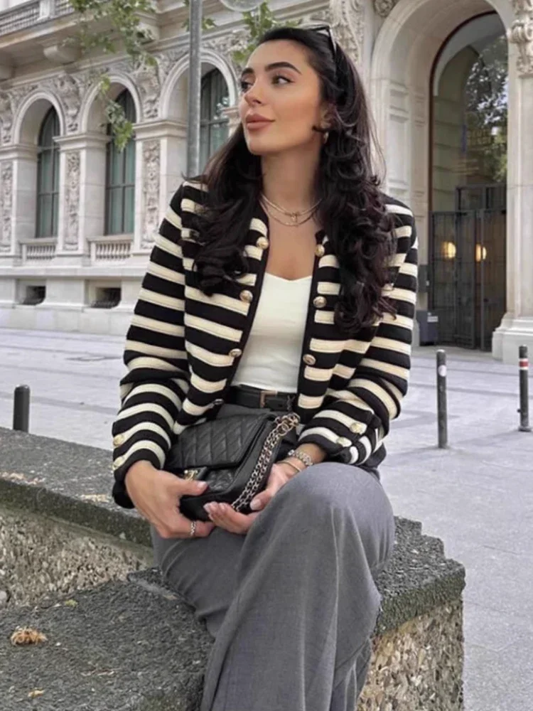 Женский Полосатый Вязаный Свитер Кардиган С Круглым Вырезом И Длинными Рукавами