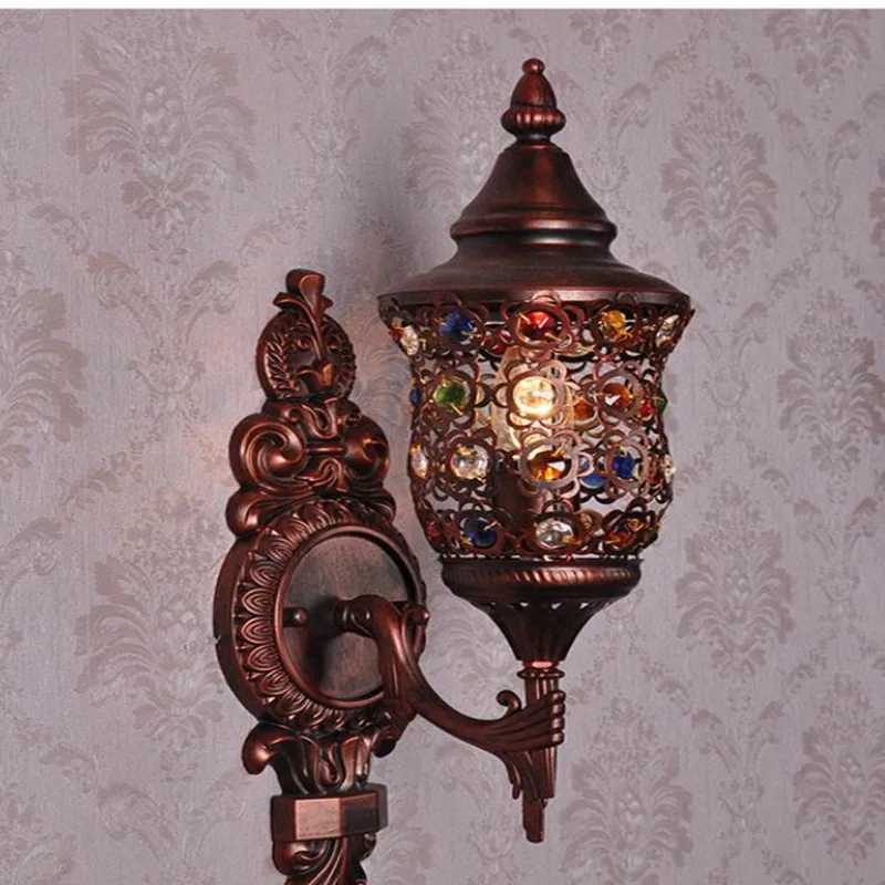 

Glass Wall Lamp Sconces Small Bedside Light Lights Bar Mediterranean Style Bedroom Crystal European Retro Light Creative Iron