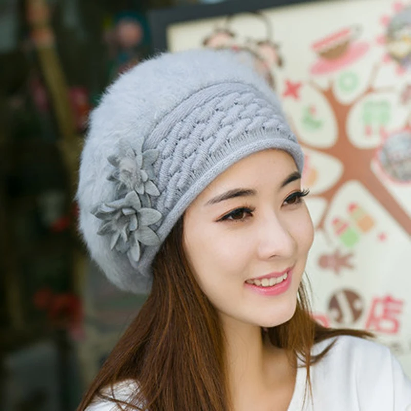 

Arrival Elegant Women Knitted Hats Rabbit Fur Cap Autumn Winter Female Fashion Skullies Beret Hat New