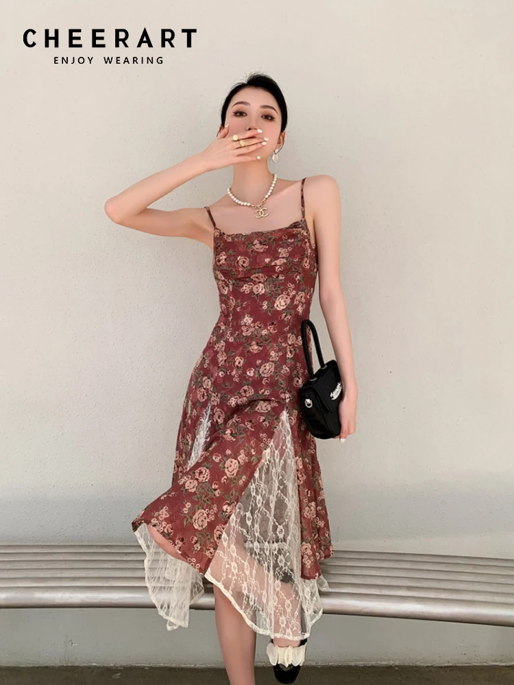 

CHEERART Vintage Floral Patchwork Lace Backless Long Dress Women Sundress A Line Tunics Ladies Slip Dress Summer 2022 Clothing