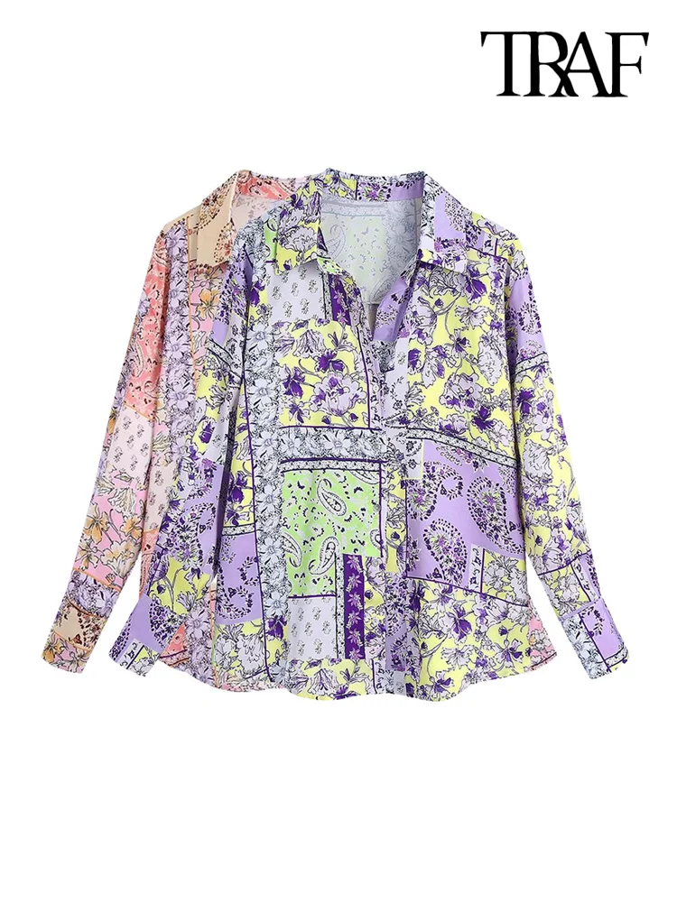 

TRAF Women Fashion Flowing Printed Loose Shirts Vintage Long Sleeve Front Buttons Female Blouses Blusas Chic Tops