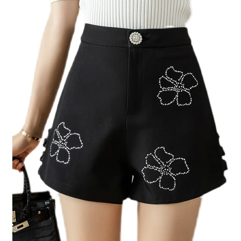 Summer Autumn New Sweet Girls High Waist Rhinestones Wide Leg Women Shorts Ladies A-Line Floral Short Pants