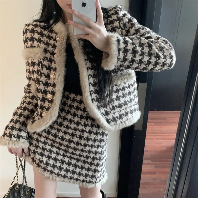 

Женский твидовый костюм из двух предметов, винтажный приталенный шерстяной пиджак и трапециевидная юбка с высокой талией