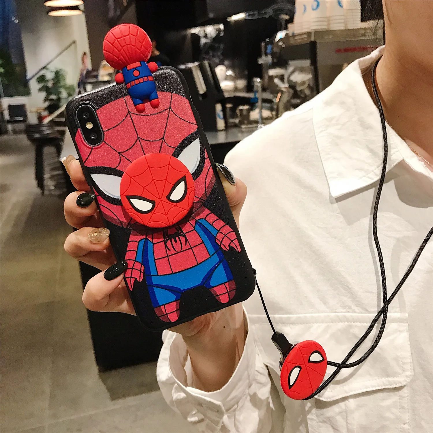 For iPhone 6 6s 7 8 X Xs Max XR 11 12 13 14 Pro SE Max Spiderman Iron Man Captain America Phone Case With Holder Strap Rope images - 6