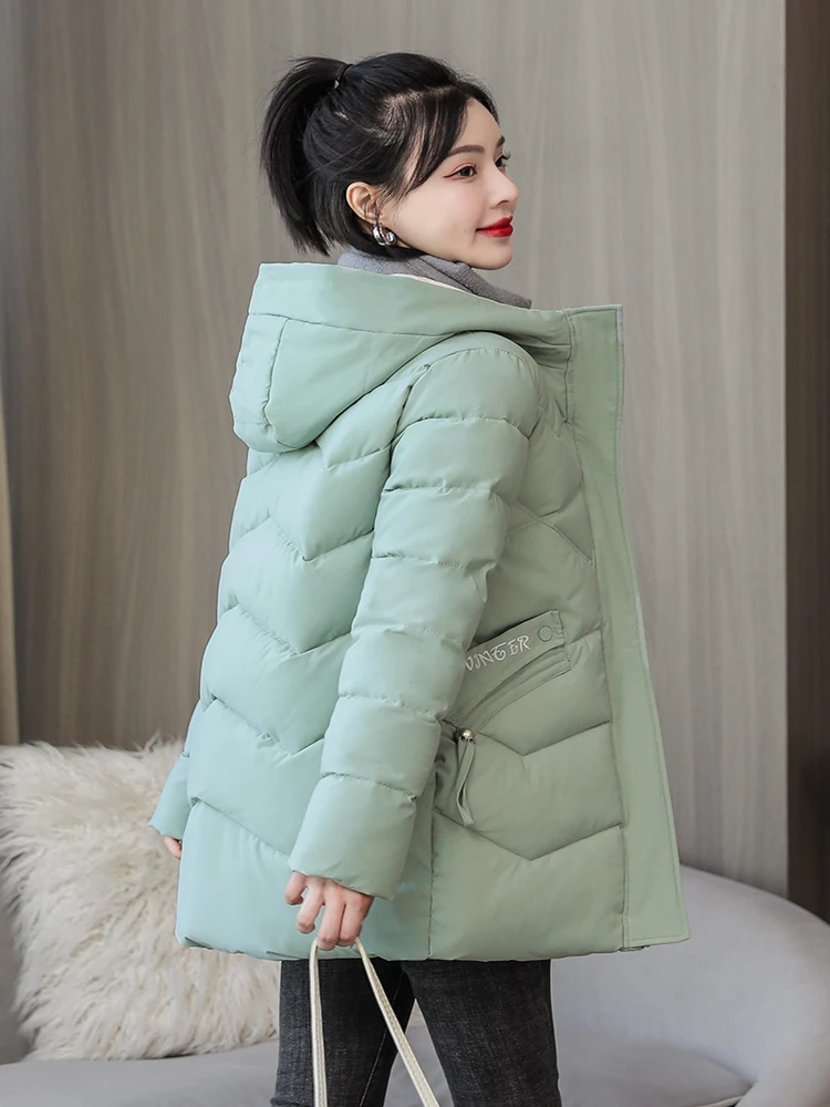 2022 Women Winter Thick Hooded Down Jacket Cotton Warm Padded Parka For Woman Mid Length Cotton Coat