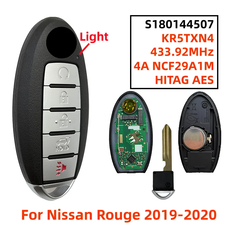 

KR5TXN4 S180144507 5 кнопок бесконтактный смарт-брелок 433,92 МГц 4A HITAG AES NCF29A1M 285E3-6RR7A для Nissan Rogue Kicks 2019-2020