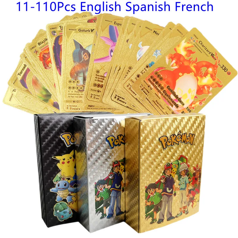 

New Pokemon Cards Metal Gold Silver Vmax GX Card Box Charizard Pikachu Rare Collection Battle Trainer Card Children Toys Gift