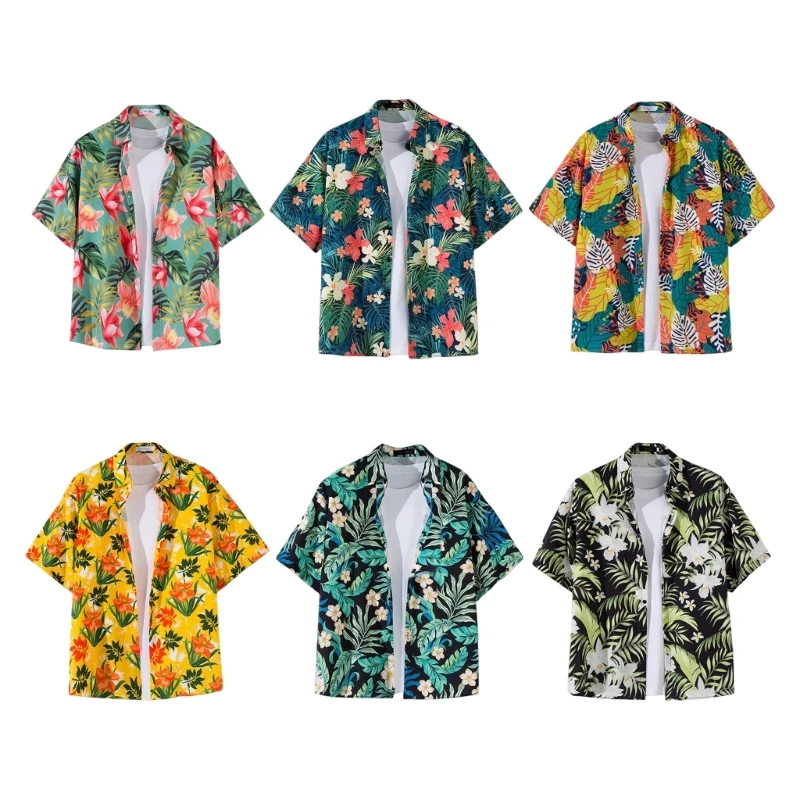 

F42F Outside Short-sleeved Shirt Men Thin Leisure Travel Seaside Flower Leaved Shirt
