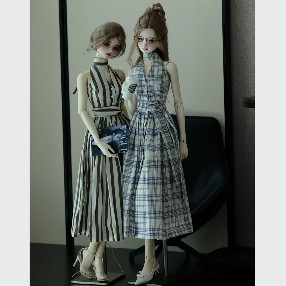 Фото Клетчатое платье без бретелек с открытыми плечами для одежды куклы BJD 1/3 W530 №1