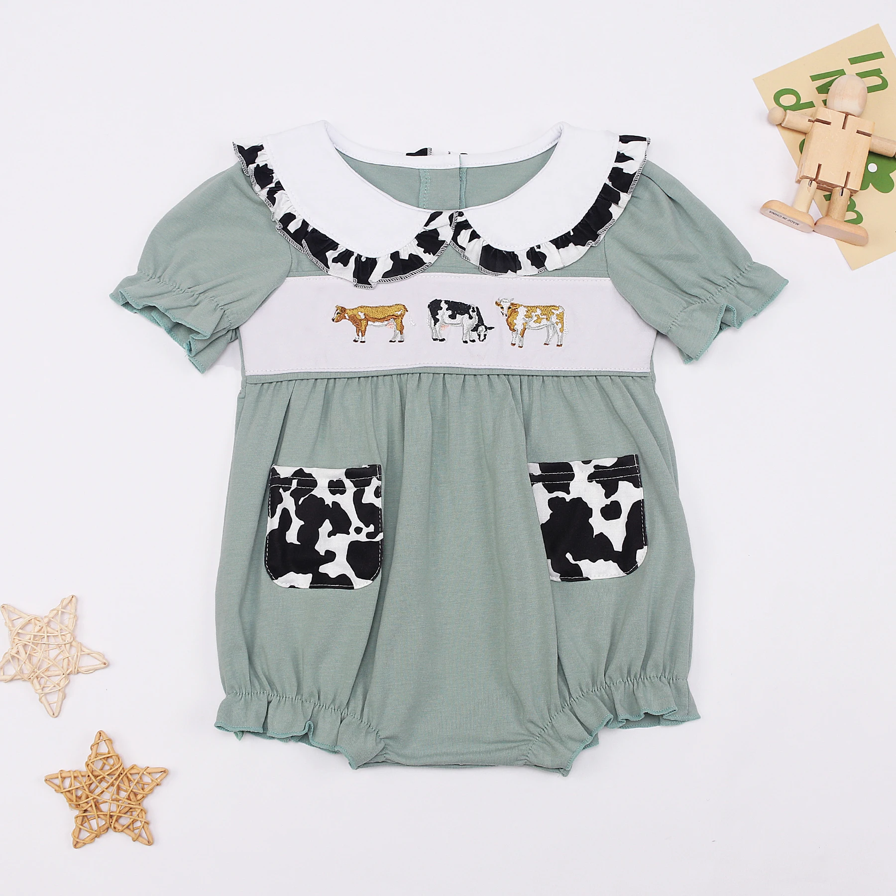 

New Born Bubble Summer Romper Babi Girls Clothes Cow Embroidery Bodysuit Casual Wear One Piece Children's Shorts 0-3T Jumpsuit