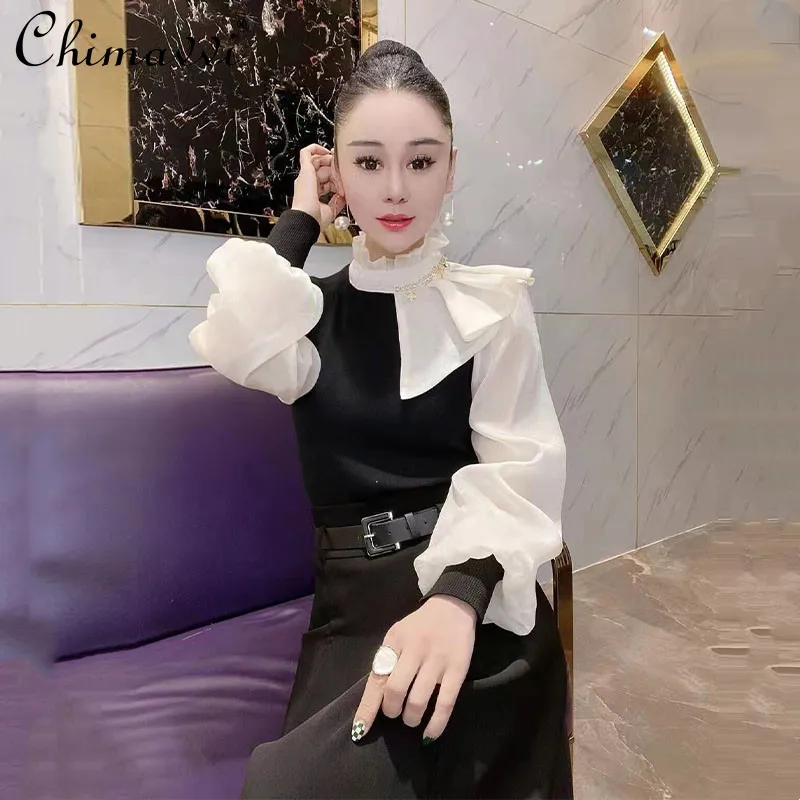 

Fashion Lace Collar Stitching Yarn Sleeve Top for Women 2022 Spring Clothes Korean Style Graceful Slim Flounce Bottoming Shirt