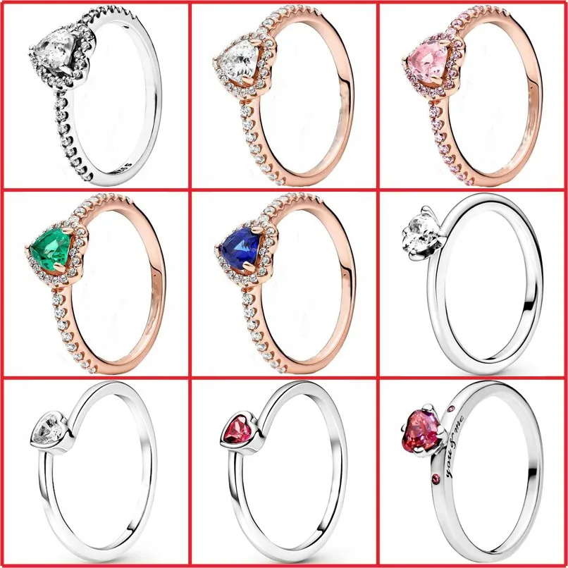 

2022 Luxury Shining Red Blue Pink Heart-shaped S925 Sterling Silver Pandor Ring Fit Women Diy Fashion Wedding Party Jewelry