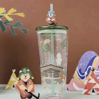 New creative cartoon glass Tea cup with lid and straw ,Milk Glass with Handle, coffee cups,glass cup set, cold cup,kawaii mug