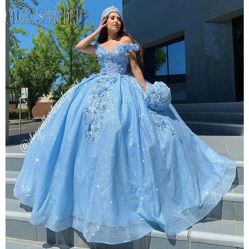 

ANGELSBRIDEP Glittering Light Blue Quinceanera Dress Floral Lace Beading Formal Princess Vestidos De 15 Años Birthday Party Prom