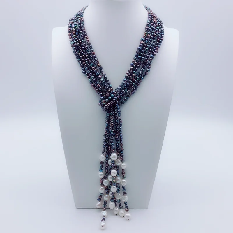 Ожерелье с черно-белым жемчугом, длинное ожерелье из натурального Пресноводного Жемчуга 5-10 мм, неправильной формы с 3 строчками, 50 дюймов, цепь для свитера