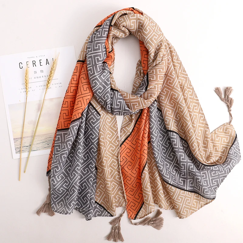 Роскошный брендовый дизайнерский хлопковый шелковый шарф с кисточками женский