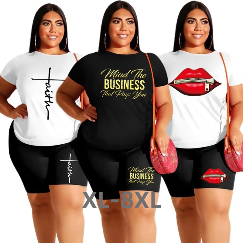 Plus Size Shorts Sets Casual Outfits Print t Shirt and Short Leggings Two Piece Women Sport Suit Summer Whole 3xl 4xl 5xl 6xl