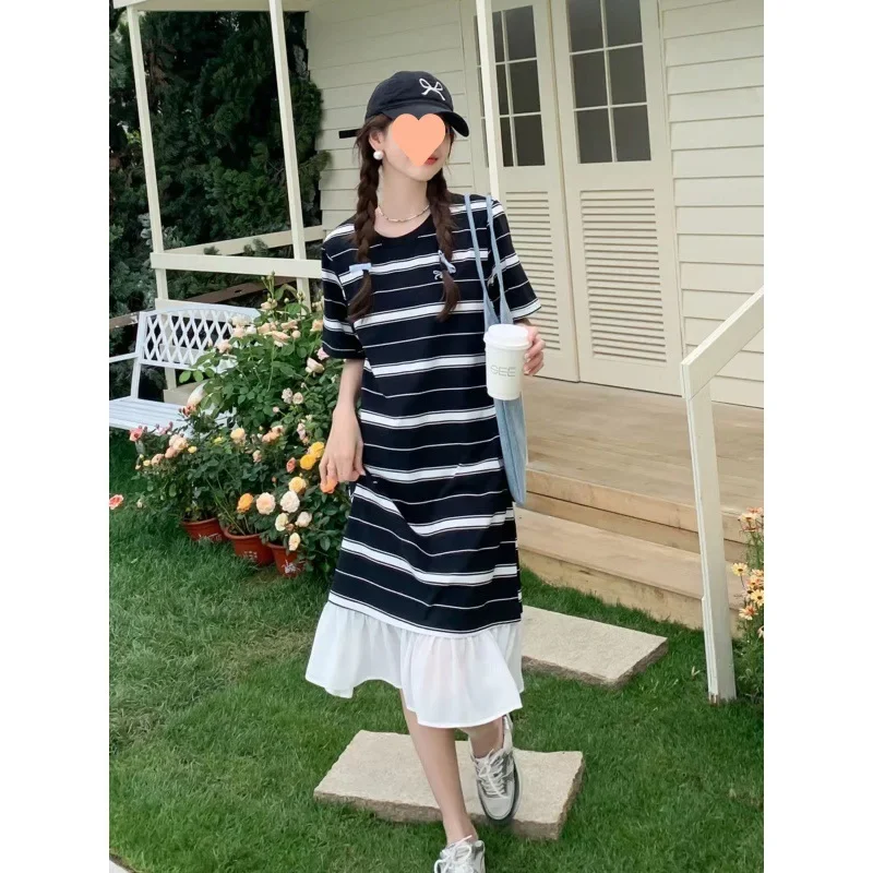 Корейское полосатое платье 2024 новое женское свободное повседневная тонкая
