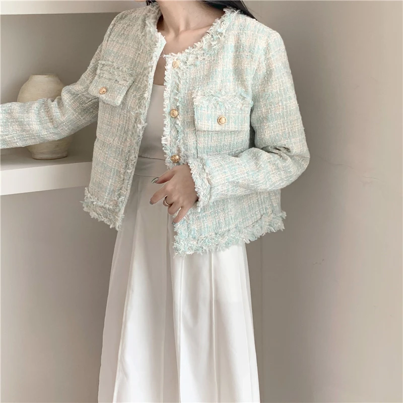 Женская твидовая куртка с бахромой однобортная короткая длинным рукавом и