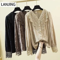 2021 spring and autumn new gold velvet bottoming shirt womens long sleeved v neck lace stitching t shirt top women