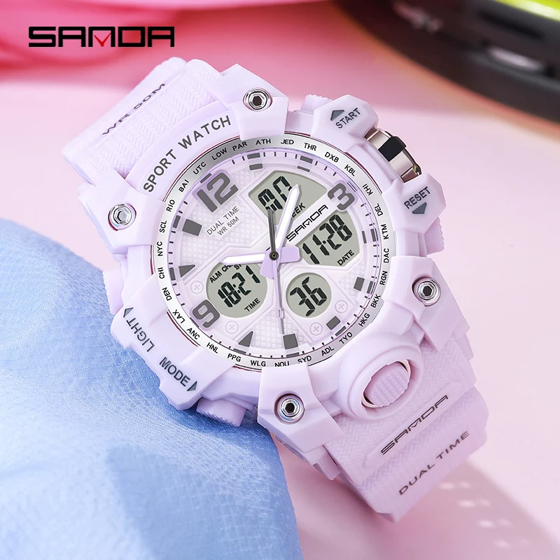 

Цифровые часы SANDA для женщин и мужчин, роскошные светодиодные электронные часы с двойным циферблатом, мужские спортивные наручные часы, розовые часы для девушек