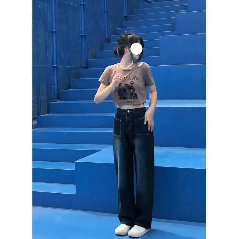 

New Fashion High-quality Niche Design Sense Student Small Retro Blue High Waist Loose Wide Leg Slim Mopping Pants for Women