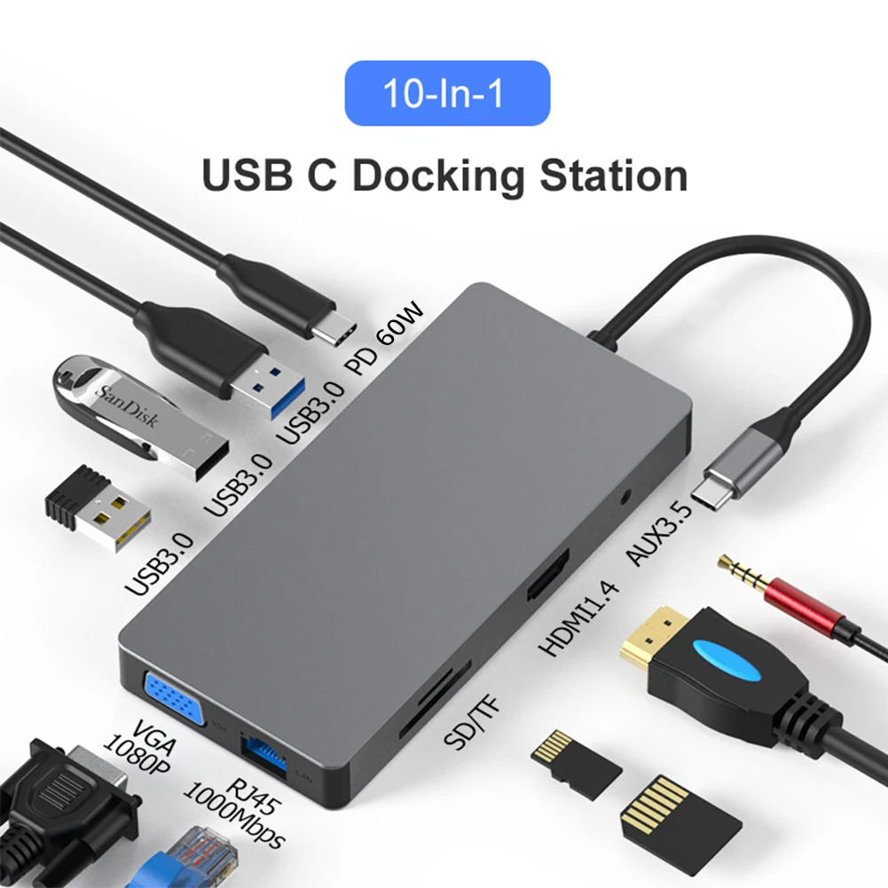

10-in-1 USB C Hub Type C Multiport Adapter With 4K HDMI-compatible VGA 3*USB 3.0 60W PD SD/TF Card Reader Audio Docking Station