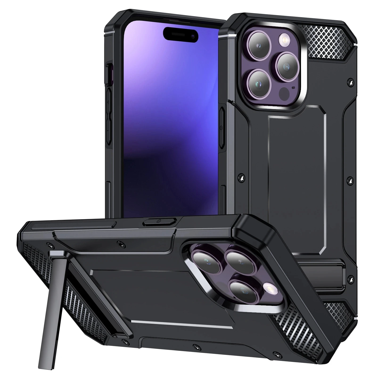 

For iPhone 11 12 13 14 Pro Max XS XR XSMAX SE 7 8 PLUS Heavy Duty Armor Shockproof etal Kickstand TPU Plastic Back Cover