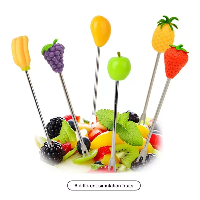 

6pcs/Set Cute Cartoon Fruit Stainless Steel Dessert Fruit Forks Set with Mini Wooden Barrel Holder Salad Fruit Fork Flatware