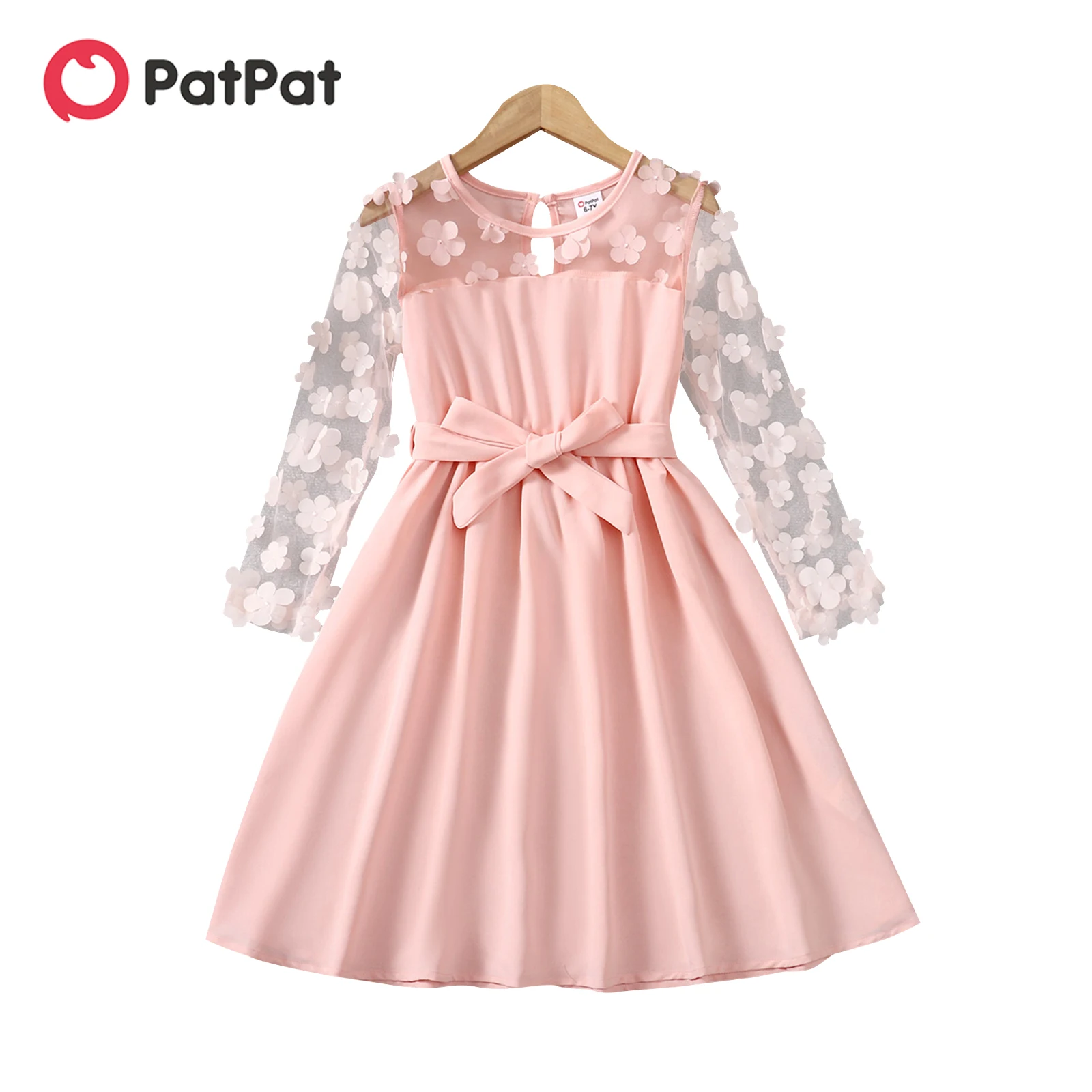 

PatPat Kid Girl Dress 3D Floral Design Mesh Sleeve Belted Dress for Girls