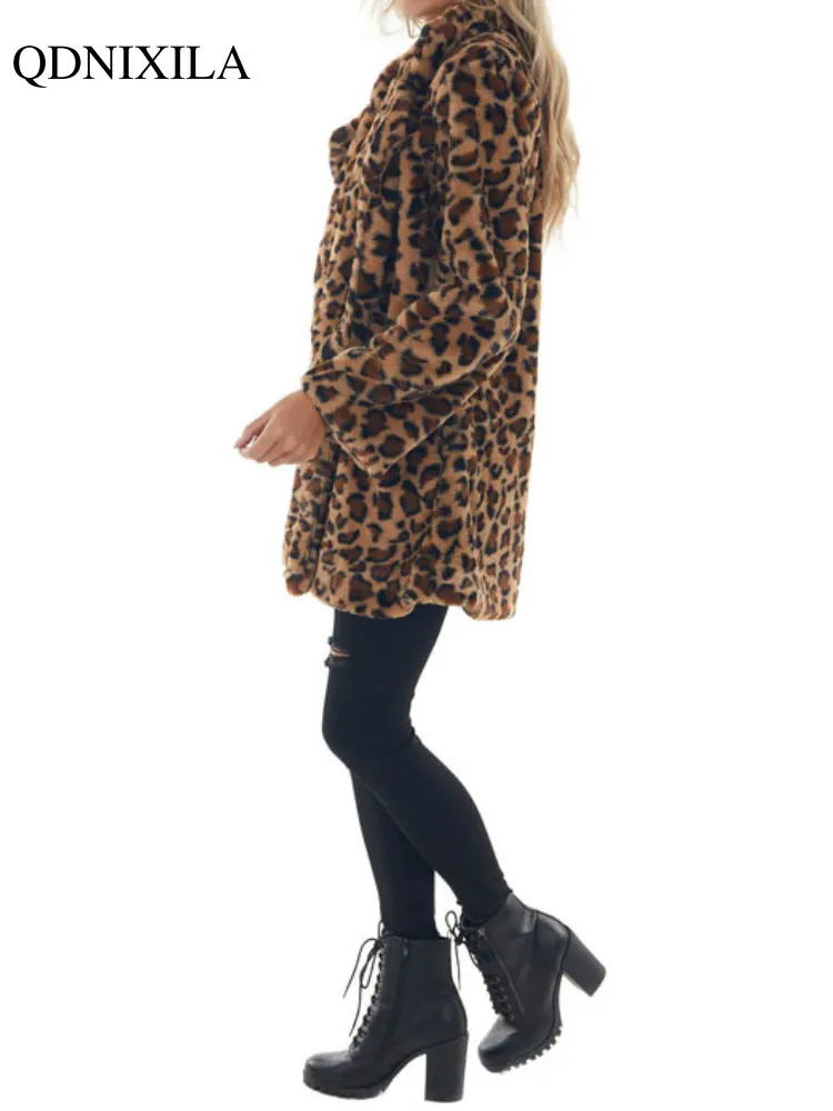 2023 Autumer Winter Coat Women Leopard Print Cardigan Jacket Coat Leather Fur Outfits Female Clothing Warm Furry Blouse Outwear