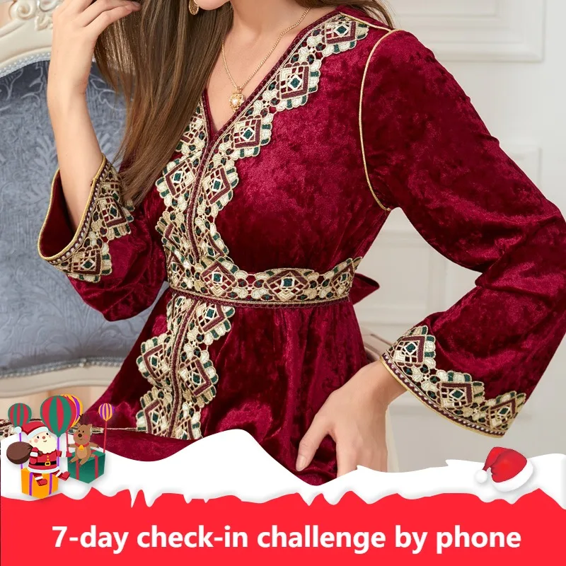 

Abaya Dress Elegant Muslim Women Long Sleeve V-neck Polyester Spring Autumn Long Abaya Muslim Fashion Abaya M-2XL WIth Belt