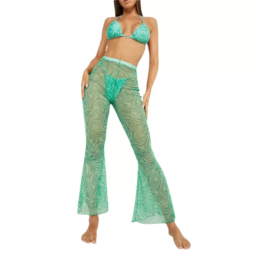 

Foohoostore Women J&M Beach Pants Flared Hem Pattern Printing See Through High-waisted Belly Beach Pants Swimwears Cover-Ups