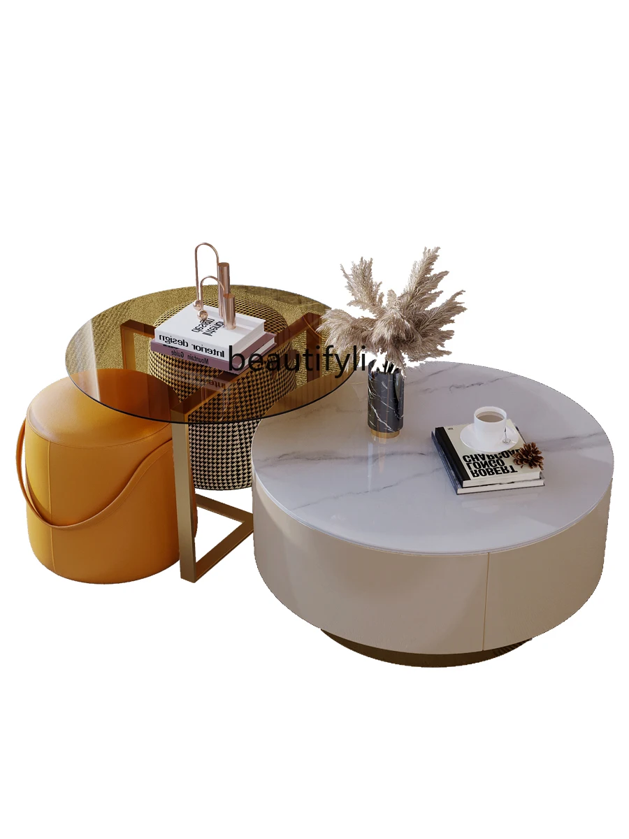 

Легкий роскошный журнальный столик zq, круглый современный минималистичный каменный тарелка, комбинированный чайный столик для гостиной в ...