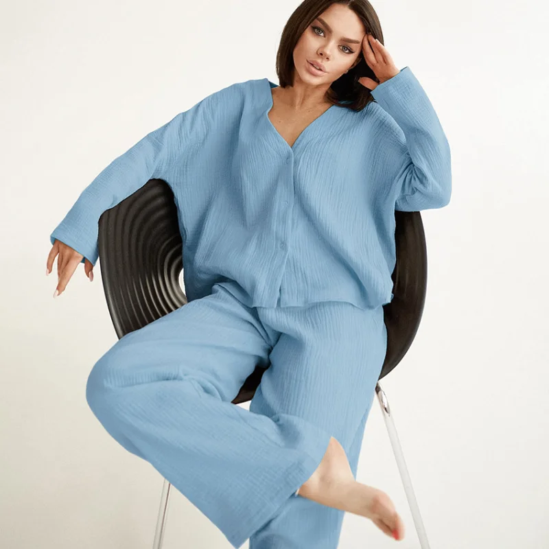Excellent Product Women Pajama Sets Fashion Cardigan Wide Leg Trousers Sleepwear Pure Cotton Women's Home Clothes 2 Piece Suit