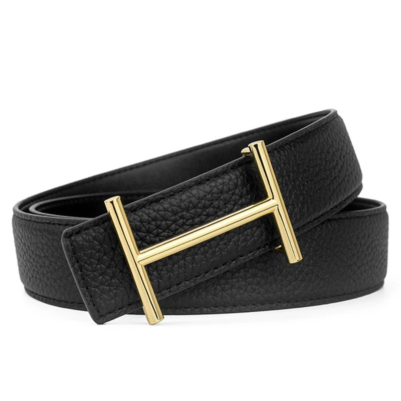 2023 3.4cm Genuine Leather Business Belt Waistband Men Fashion Litchi Stria Pipi Buckle Belts,with Letter "H",Women&Mens Belt