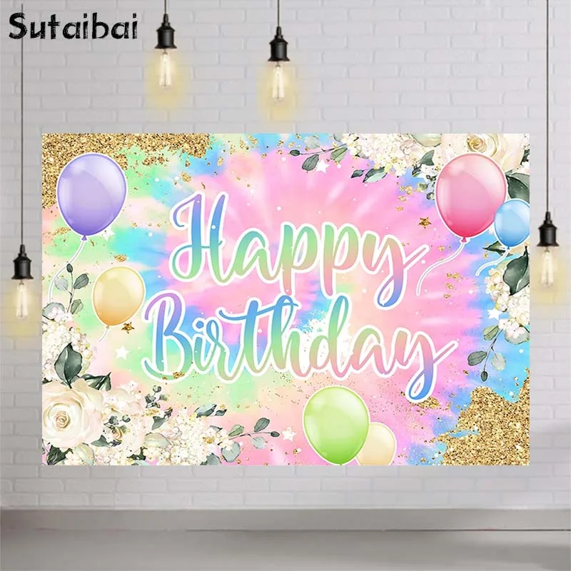 

Фон для фотосъемки в стиле хиппи с принтом Tie Dye Happy Birthday, 60s, 70s