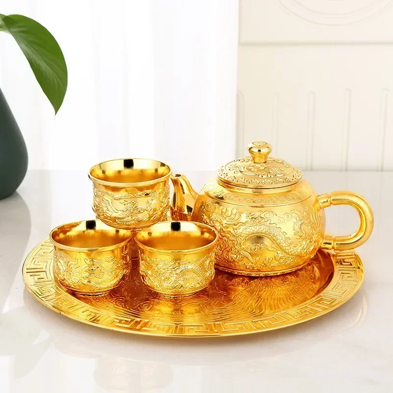 Retro Tea Wine Set European High-end Golden Small Full of Dragon and Phoenix Pot Cup