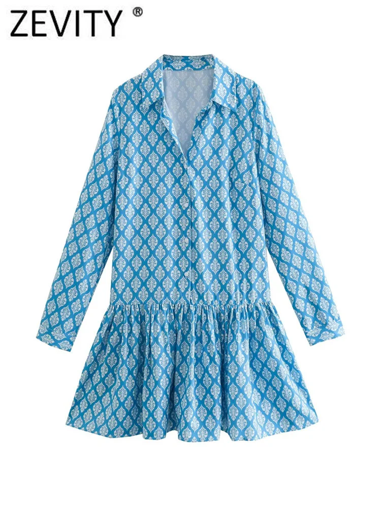 

Женское винтажное платье-рубашка Zevity с цветочным принтом, плиссированными оборками, офисное женское однобортное платье, шикарные трапецие...