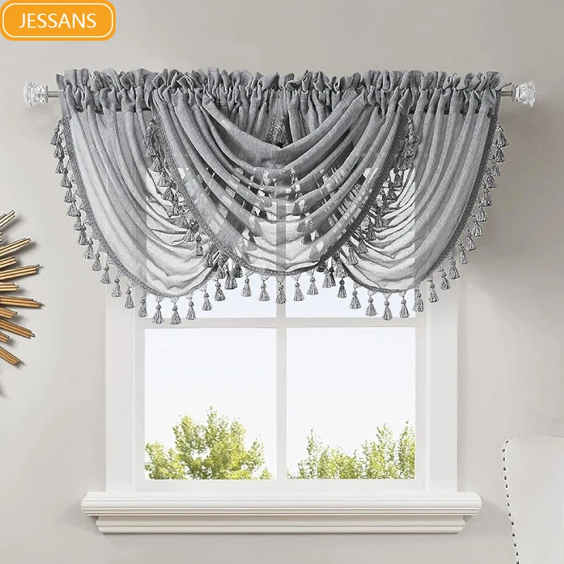 

Grey Waterfall Kitchen Valance Curtains with Tassles Decorative Solid Semi Sheer Linen Cafe Valance for Living Room Bedroom