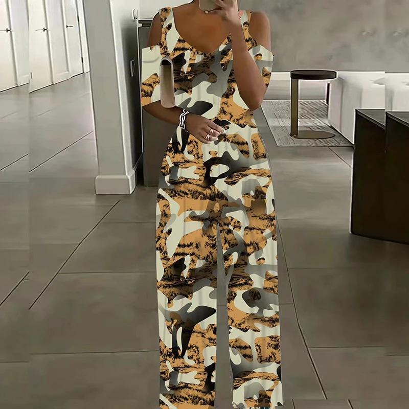 Офисные длинные комбинезоны с винтажным узором и v-образным вырезом сексуальные