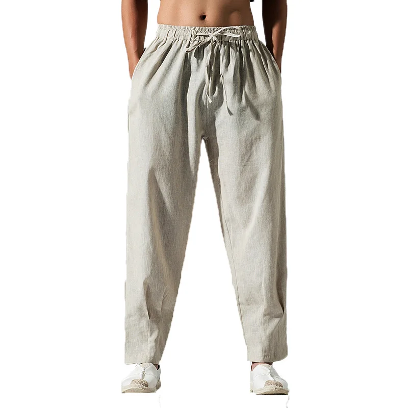

Men Pants Mens Solid Linen Drawstring Flax Pants Men's streetwear Cotton khaki Trousers Fashion Pant Linen pantalon hombre M-5XL