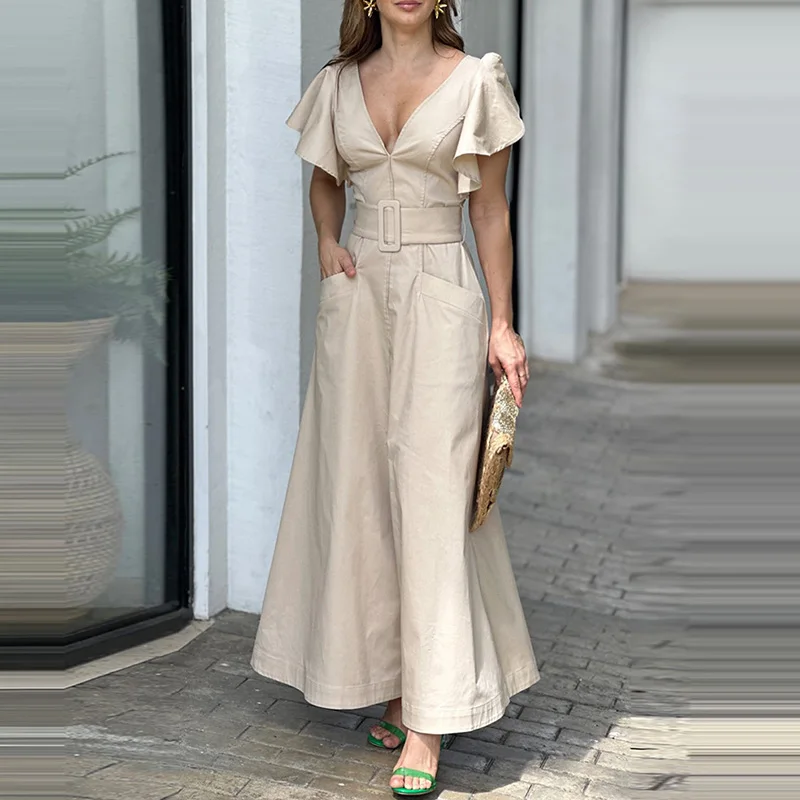 

Elegant V-neck Flying Sleeve Maxi Dress Women Fashion With Belt Lace-up Long Dress Summer Casual Hight Waist Solid Party Dresses