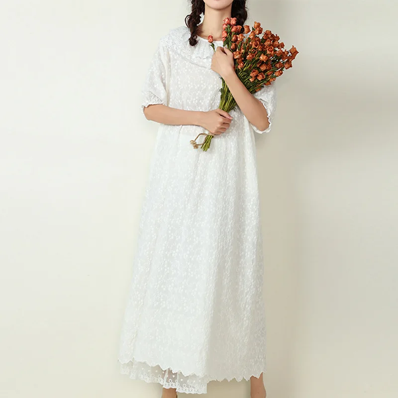 

100% Cotton Girl Sweet Floral Embroidery Lace Peter Pan Collar Maxi Dress Female Vintage Cute Puff Sleeve Loose Waist Long Dress