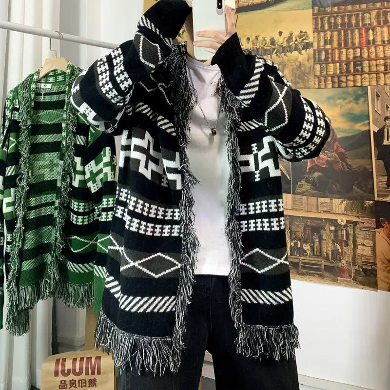 

Men Fashion New Lazy Of Green Loose Sense Geometric Tassels Cardigan Style Leisure Japan Design Style Printing High-quality