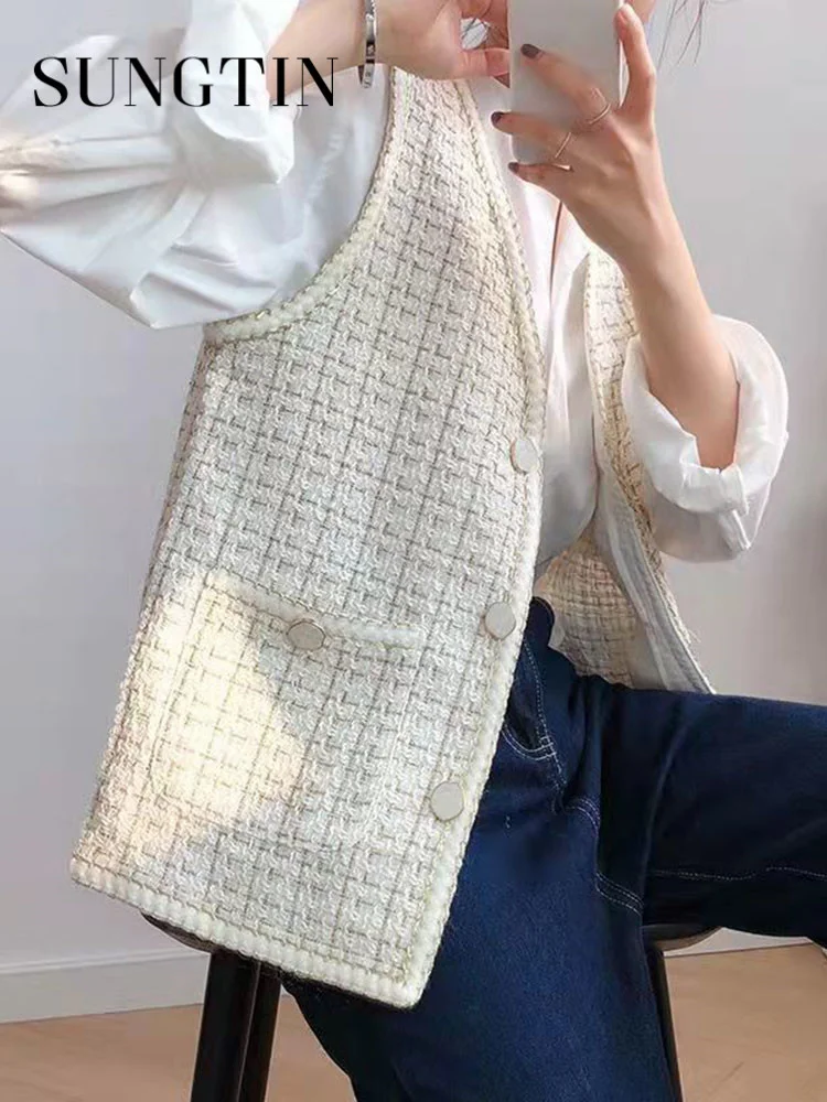 

Korean Fashion Tweed Loose Blazer Vest Women V Neck Casual Vest Jackets Coat Female Office Lady Tops Y2K Clothing
