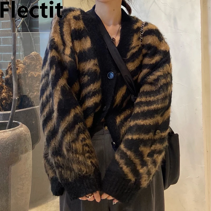 

Flectit Fuzzy Leopard Knit Cardigan Women Long Sleeve V-Neck Button Up Sweater Ladies Autumn Winter Knitwear