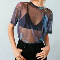 women fashion laser y2k tops t shirts women short sleeve o neck mesh see through shirts transparent tshirt