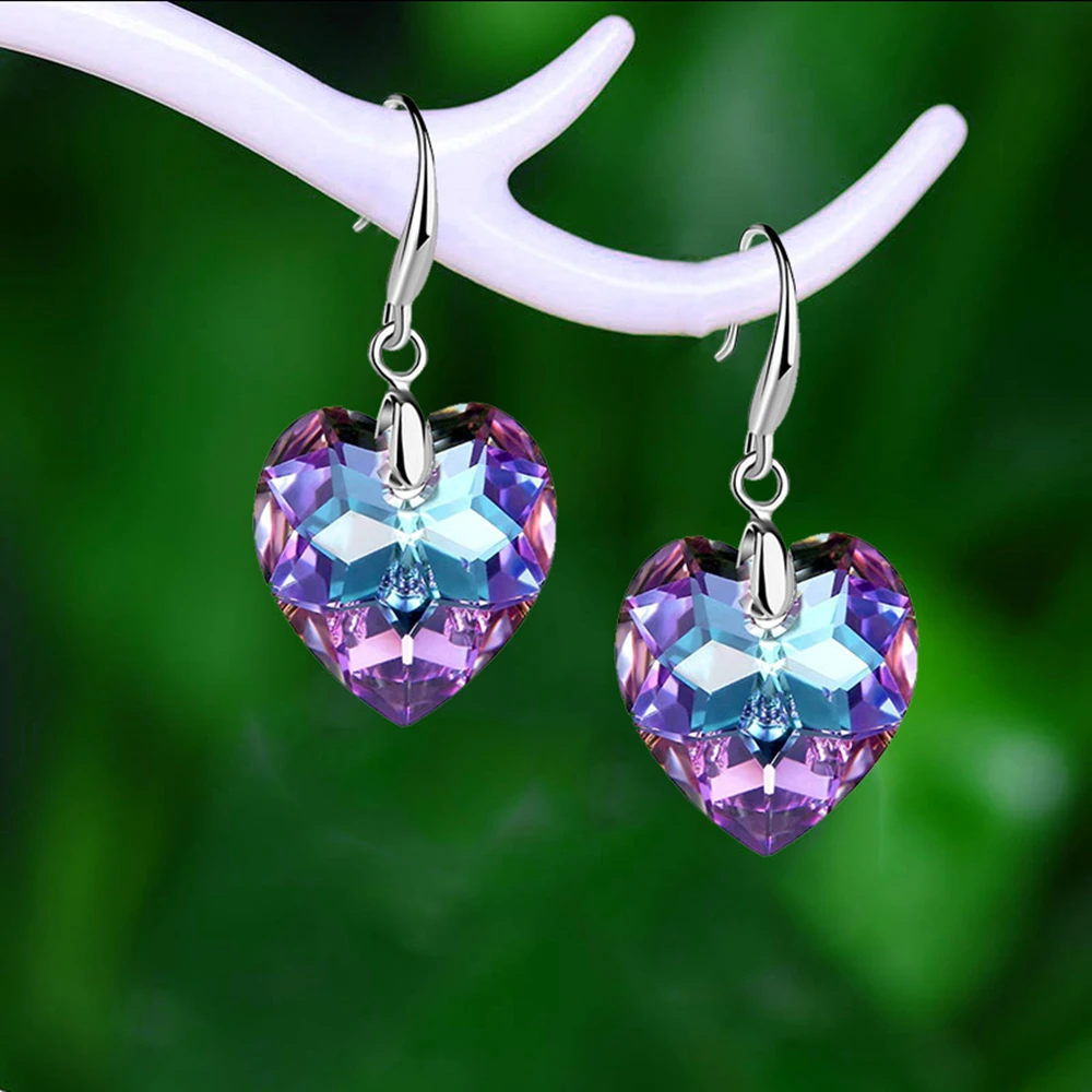 Korean Fashion 6 Colors Heart Glass Dangle Earrings for Women Colorful Peach Heart Crystal Jewelry Clip on Heart Earring Jewelry